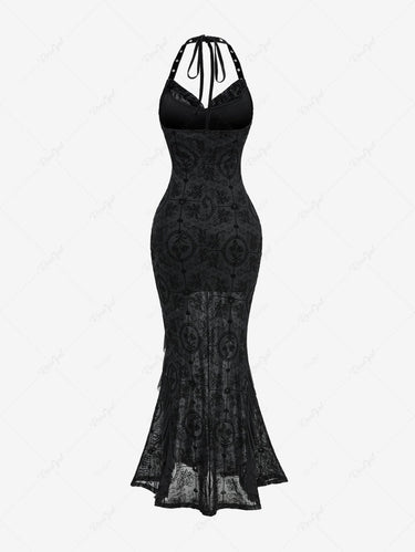 Gothic Floral Mesh Flocking Cowl Neck Halter Backless Grommet Ruffles Sexy Dress
