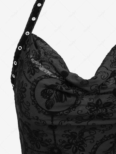 Gothic Floral Mesh Flocking Cowl Neck Halter Backless Grommet Ruffles Sexy Dress