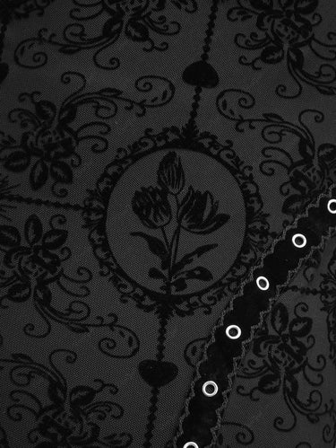 Gothic Floral Mesh Flocking Cowl Neck Halter Backless Grommet Ruffles Sexy Dress