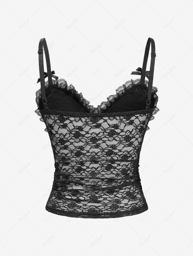 Gothic Floral Lace Ruffles Sheer Bowknot Cami Top