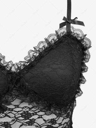 Gothic Floral Lace Ruffles Sheer Bowknot Cami Top