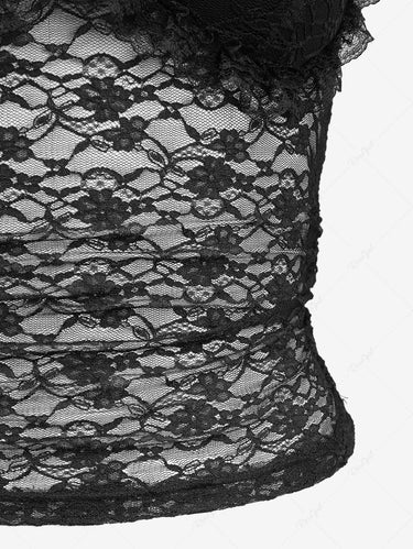 Gothic Floral Lace Ruffles Sheer Bowknot Cami Top