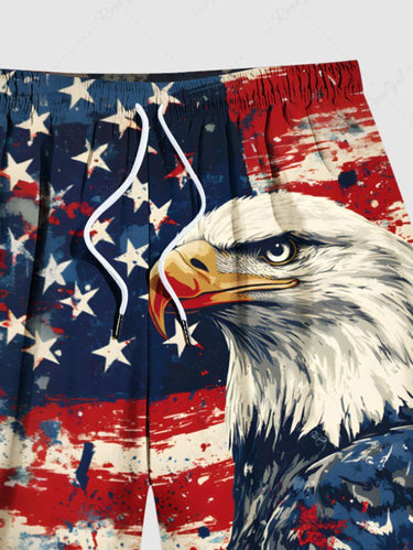 Gothic Plus Size Patriotic American Flag Eagle Painting Splatter Print Drawstring Beach Shorts For Men