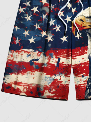 Gothic Plus Size Patriotic American Flag Eagle Painting Splatter Print Drawstring Beach Shorts For Men