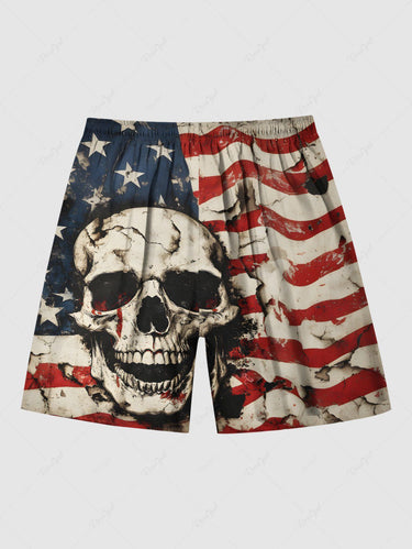Gothic Plus Size Distressed Skull Patriotic American Flag Print Drawstring Beach Shorts For Men