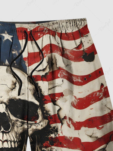 Gothic Plus Size Distressed Skull Patriotic American Flag Print Drawstring Beach Shorts For Men