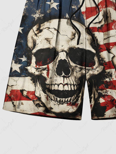 Gothic Plus Size Distressed Skull Patriotic American Flag Print Drawstring Beach Shorts For Men