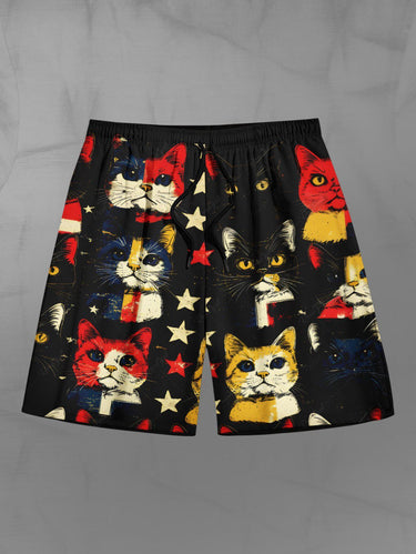 Gothic Plus Size Colorful Cat Patriotic American Flag Print Drawstring Beach Shorts For Men