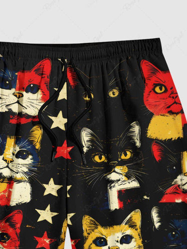 Gothic Plus Size Colorful Cat Patriotic American Flag Print Drawstring Beach Shorts For Men