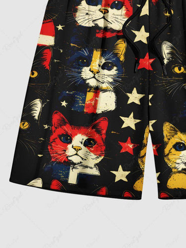 Gothic Plus Size Colorful Cat Patriotic American Flag Print Drawstring Beach Shorts For Men