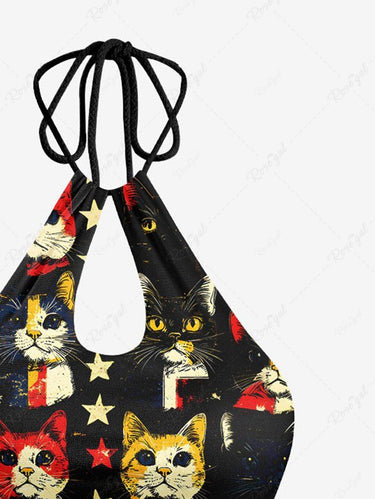 Gothic Colorful Cat Patriotic American Flag Print Hollow Out Halter Backless Tankini Swimsuit