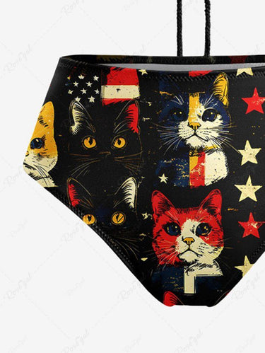 Gothic Colorful Cat Patriotic American Flag Print Hollow Out Halter Backless Tankini Swimsuit