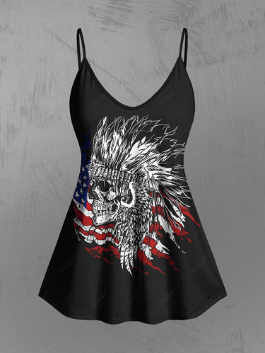 Gothic Plus Size Feather Ethnic Skull Patriotic American Flag Printed Cami Top(Adjustable Shoulder Strap)
