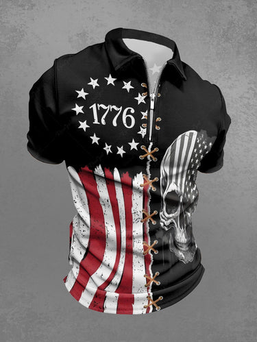 Gothic Plus Size Patriotic American Flag Skull 3D Lace Up Print Zipper Turn-down Collar Polo Shirt For Men