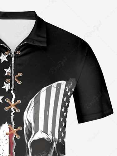 Gothic Plus Size Patriotic American Flag Skull 3D Lace Up Print Zipper Turn-down Collar Polo Shirt For Men
