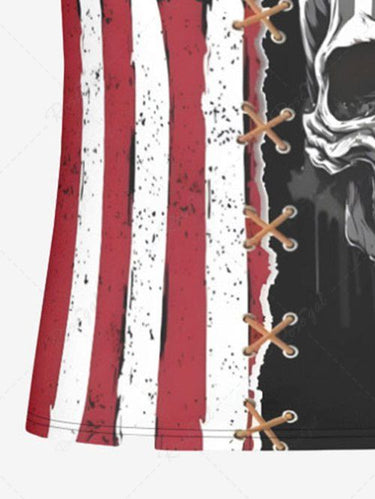 Gothic Plus Size Patriotic American Flag Skull 3D Lace Up Print Zipper Turn-down Collar Polo Shirt For Men