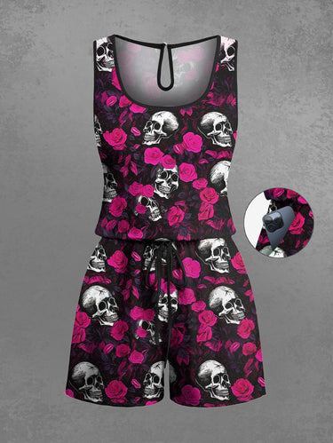 Gothic Plus Size Skull Rose Flower Print Drawstring Pocket Romper
