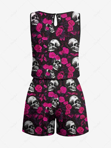 Gothic Plus Size Skull Rose Flower Print Drawstring Pocket Romper