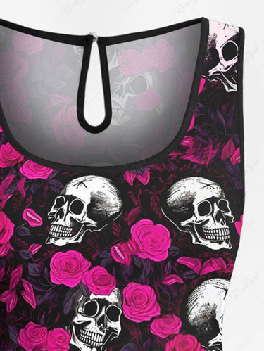Gothic Plus Size Skull Rose Flower Print Drawstring Pocket Romper