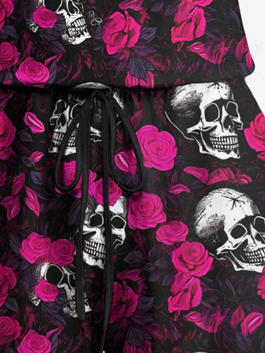 Gothic Plus Size Skull Rose Flower Print Drawstring Pocket Romper