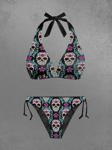 Gothic Colorful Skull Floral Print Plunging Halter Backless Tied Bikini Set