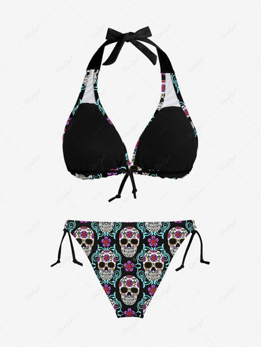 Gothic Colorful Skull Floral Print Plunging Halter Backless Tied Bikini Set