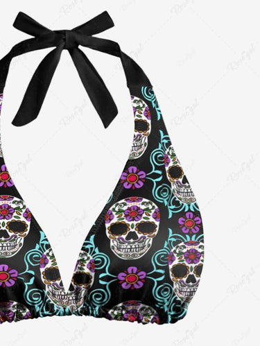 Gothic Colorful Skull Floral Print Plunging Halter Backless Tied Bikini Set