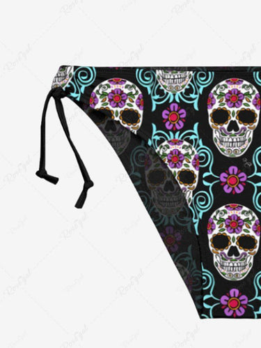 Gothic Colorful Skull Floral Print Plunging Halter Backless Tied Bikini Set