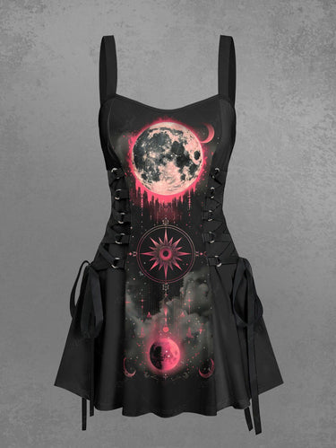 Gothic Sun Moon Galaxy Print Lace Up A Line Tank Dress