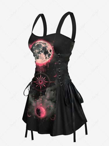 Gothic Sun Moon Galaxy Print Lace Up A Line Tank Dress