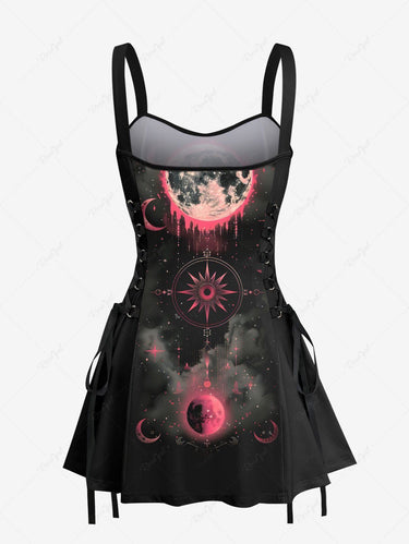 Gothic Sun Moon Galaxy Print Lace Up A Line Tank Dress