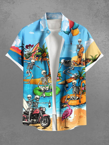 Gothic Plus Size Coconut Tree Skeleton Motorcycle Flamingo Sea Balloon Beach Print Hawaii Shirt For Men
