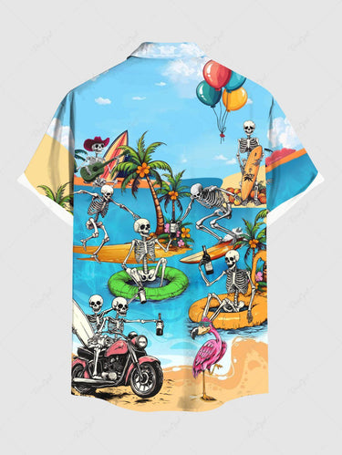 Gothic Plus Size Coconut Tree Skeleton Motorcycle Flamingo Sea Balloon Beach Print Hawaii Shirt For Men