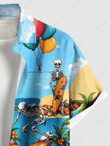 Gothic Plus Size Coconut Tree Skeleton Motorcycle Flamingo Sea Balloon Beach Print Hawaii Shirt For Men