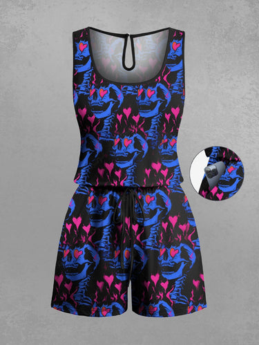 Gothic Plus Size Skull Heart Print Drawstring Pocket Romper