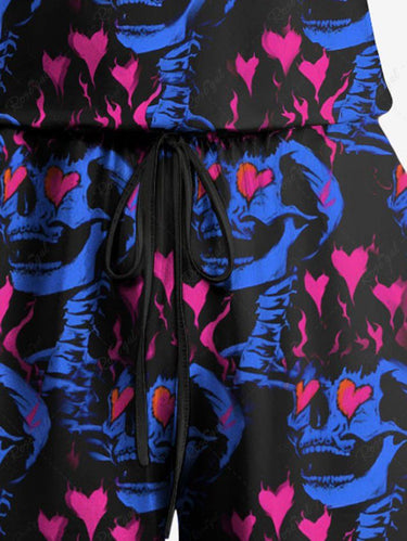 Gothic Plus Size Skull Heart Print Drawstring Pocket Romper