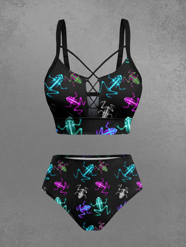 Gothic Plus Size Skeleton Frog Print Lace Up Tankini Swimsuit (Adjustable Shoulder Strap)
