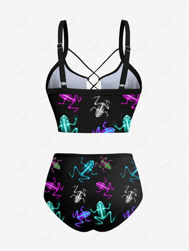 Gothic Plus Size Skeleton Frog Print Lace Up Tankini Swimsuit (Adjustable Shoulder Strap)