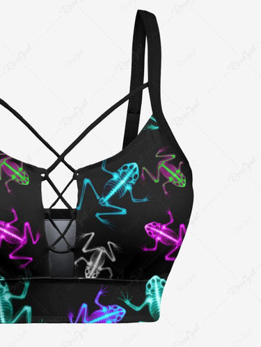 Gothic Plus Size Skeleton Frog Print Lace Up Tankini Swimsuit (Adjustable Shoulder Strap)