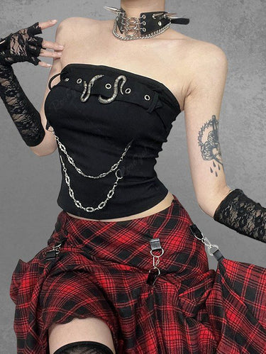 Gothic Fashion Straps Grommet Snake Buckle Layered Chain Bandeau Top