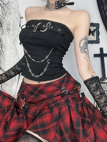 Gothic Fashion Straps Grommet Snake Buckle Layered Chain Bandeau Top