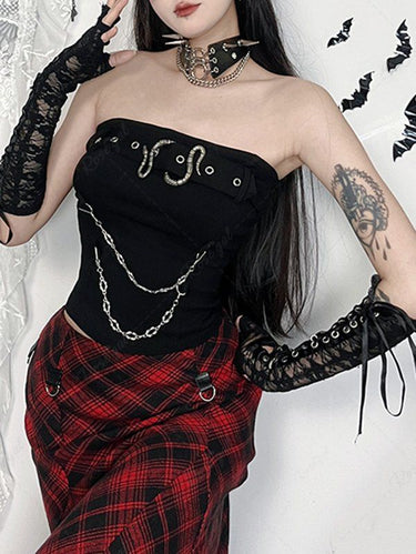 Gothic Fashion Straps Grommet Snake Buckle Layered Chain Bandeau Top