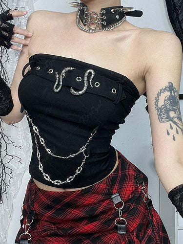 Gothic Fashion Straps Grommet Snake Buckle Layered Chain Bandeau Top