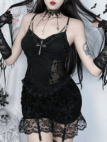 Gothic Jacquard Embroidered Sheer Cross Flocking Ruffles Ruched Cami Top with Removable Chain