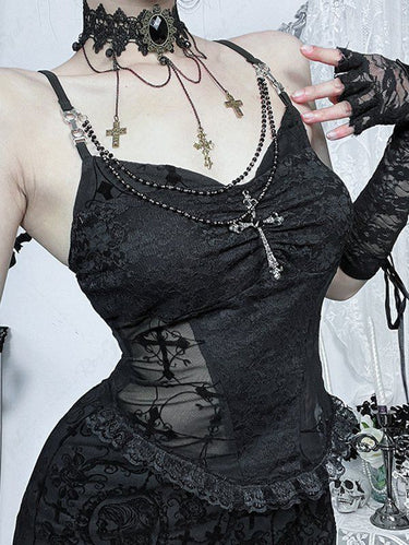 Gothic Jacquard Embroidered Sheer Cross Flocking Ruffles Ruched Cami Top with Removable Chain