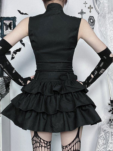 Gothic Vintage Punk Zipper Buckle Grommet Belted Layered Ruffles Dress