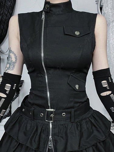 Gothic Vintage Punk Zipper Buckle Grommet Belted Layered Ruffles Dress