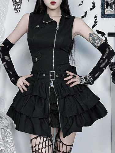 Gothic Vintage Punk Zipper Buckle Grommet Belted Layered Ruffles Dress