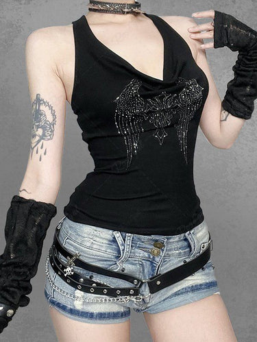 Gothic Glitter Rhinestone Cross Wing Cowl Neck Backless Halter Top