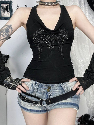 Gothic Glitter Rhinestone Cross Wing Cowl Neck Backless Halter Top
